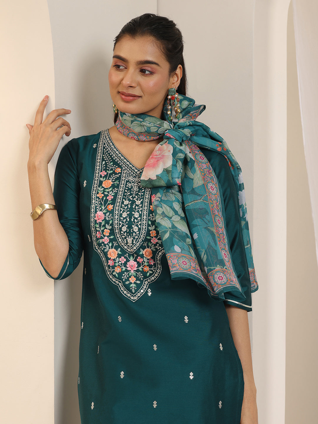 Libas Teal Embroidered Silk Blend Straight Suit Set With Dupatta
