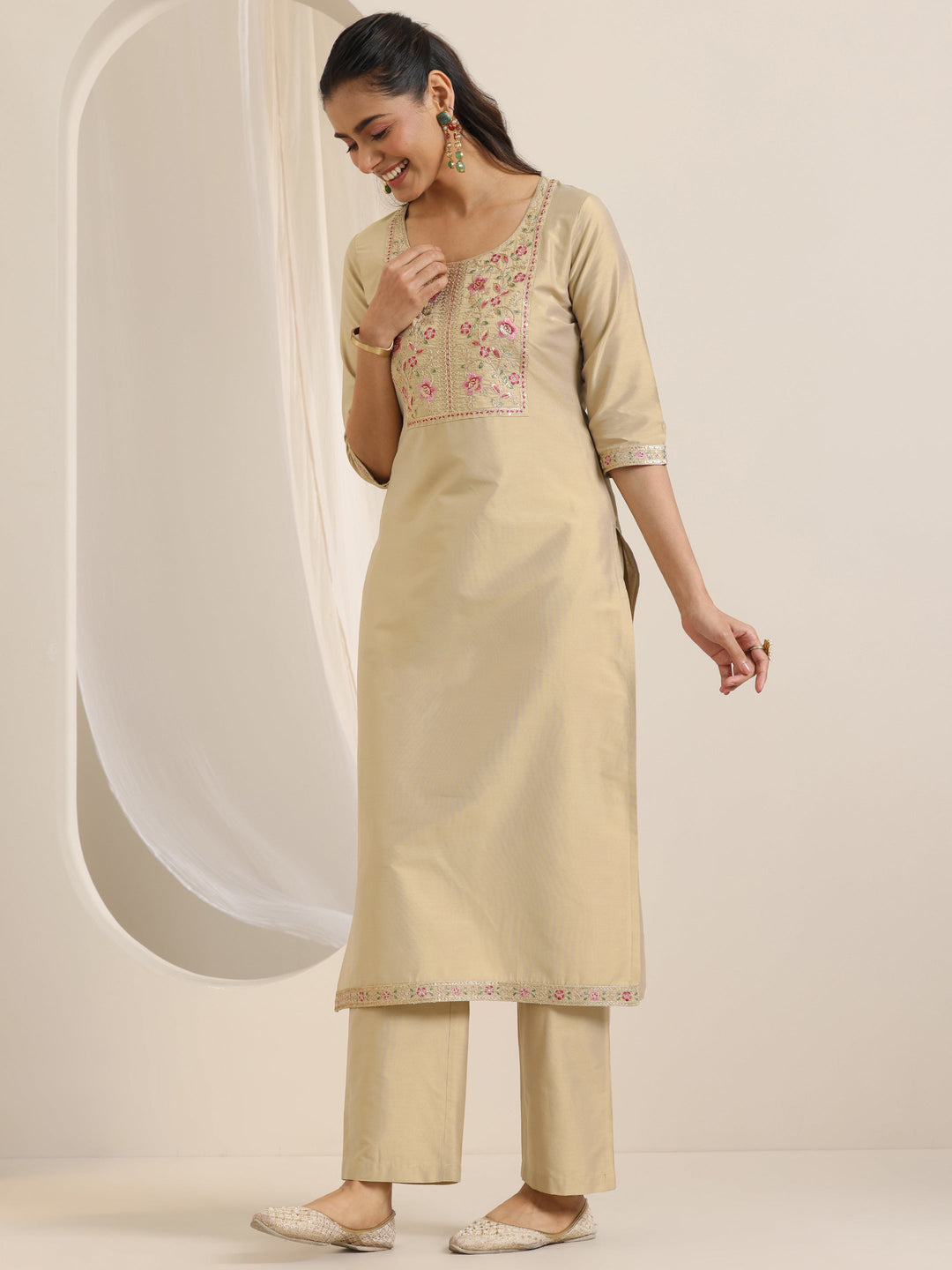 Gold Yoke Design Silk Blend Straight Suit Set With Dupatta