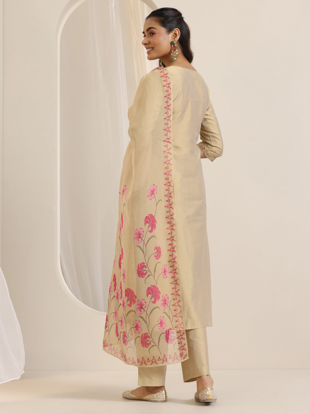 Gold Yoke Design Silk Blend Straight Suit Set With Dupatta