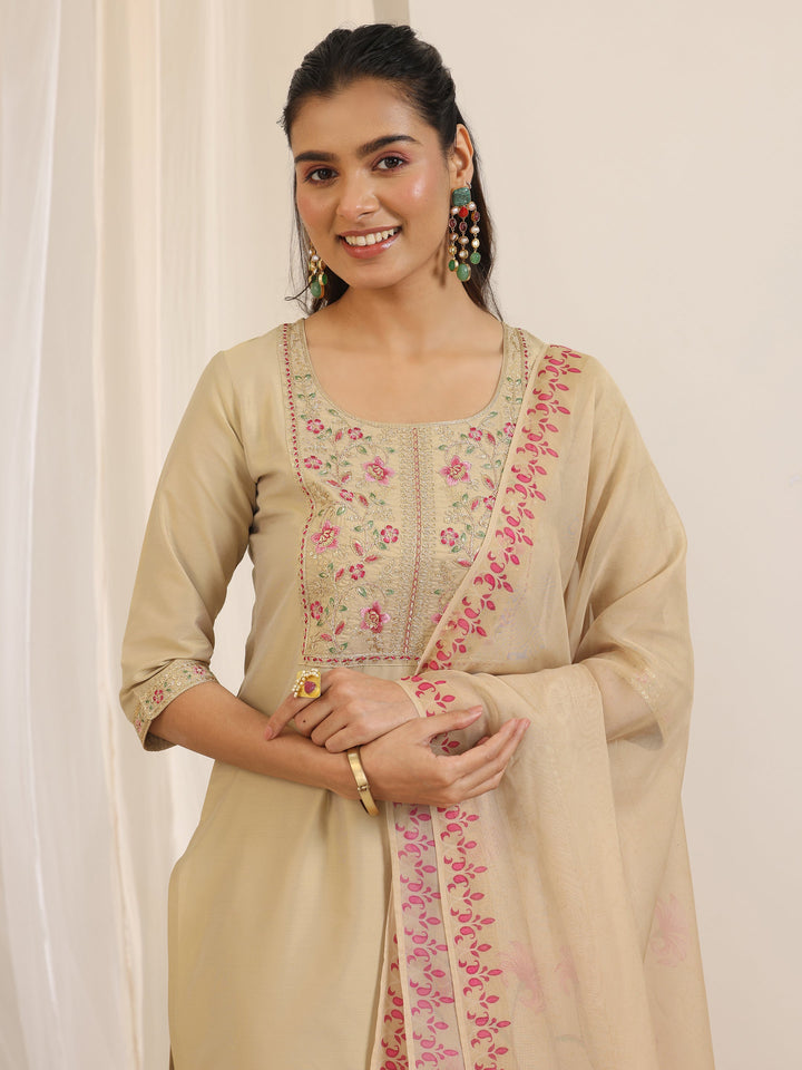 Gold Yoke Design Silk Blend Straight Suit Set With Dupatta