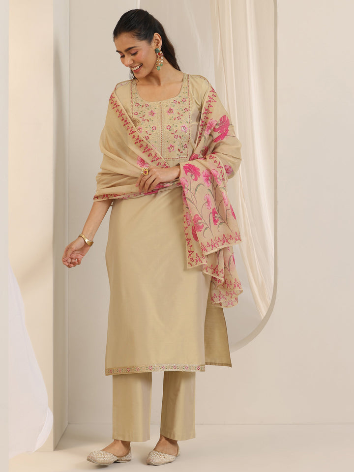 Gold Yoke Design Silk Blend Straight Suit Set With Dupatta