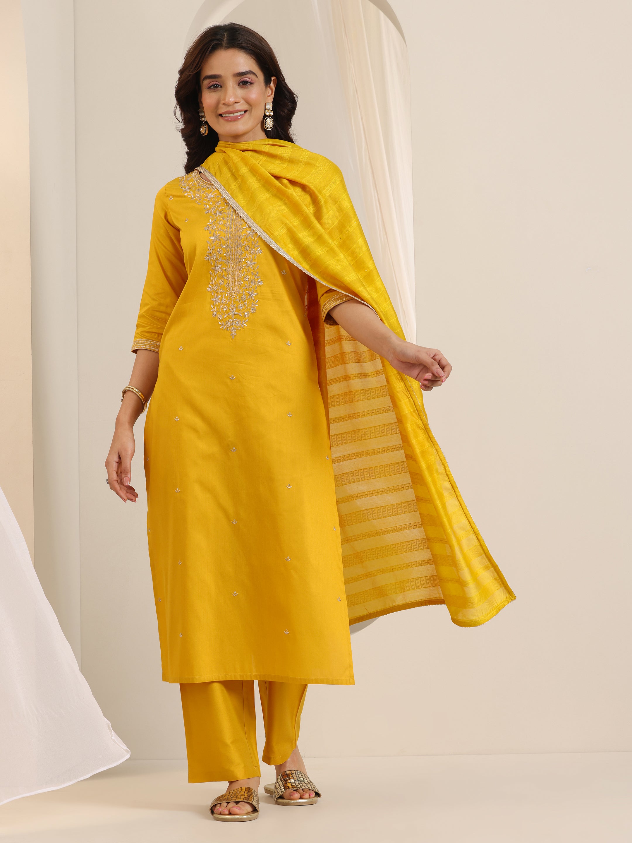 Buy Mustard Embroidered Silk Blend Straight Suit Set With Dupatta