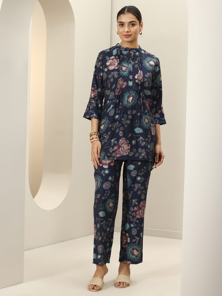 Blue Printed Silk Blend Co-Ord Sets