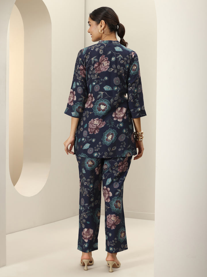 Blue Printed Silk Blend Co-Ord Sets