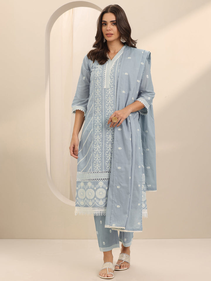 Blue Embroidered Cotton Straight Suit Set With Dupatta