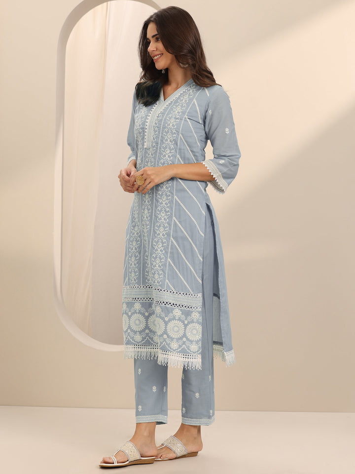 Blue Embroidered Cotton Straight Suit Set With Dupatta