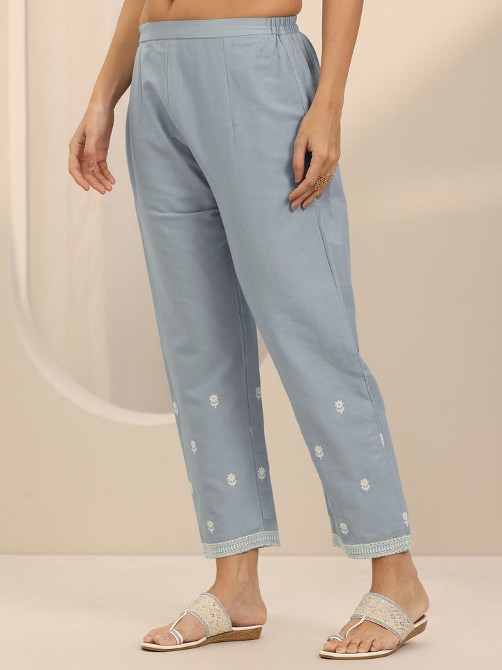 Blue Embroidered Cotton Straight Suit Set With Dupatta