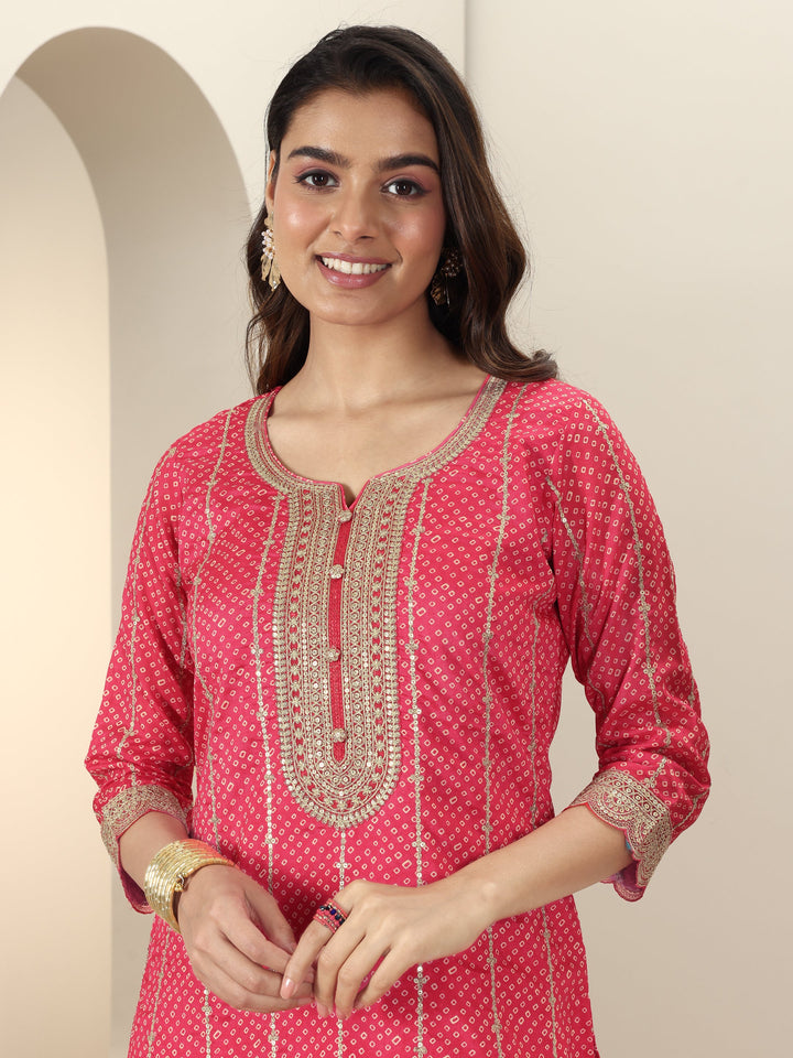 Red Printed Silk Blend Straight Suit Sets With Dupatta