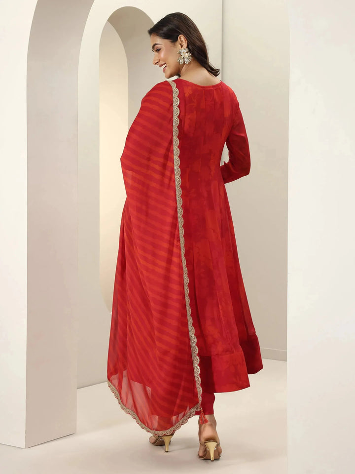 Red Embroidered Silk Blend Anarkali Suit Sets With Dupatta