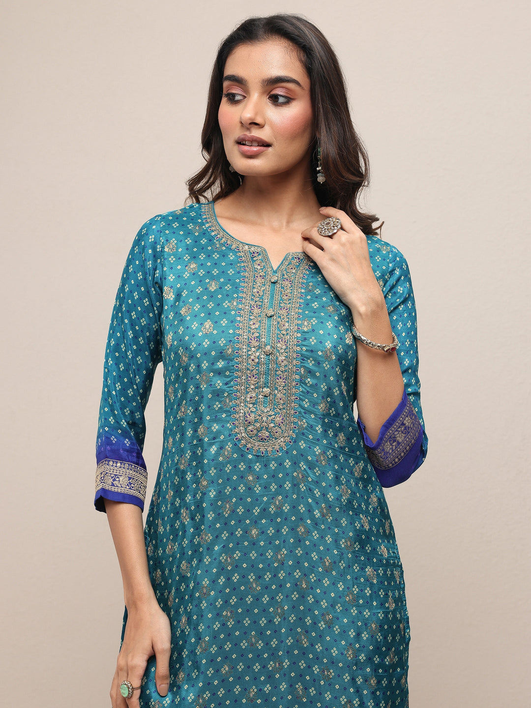 Blue Bandhani Printed Silk Blend Straight Suit Set With Dupatta