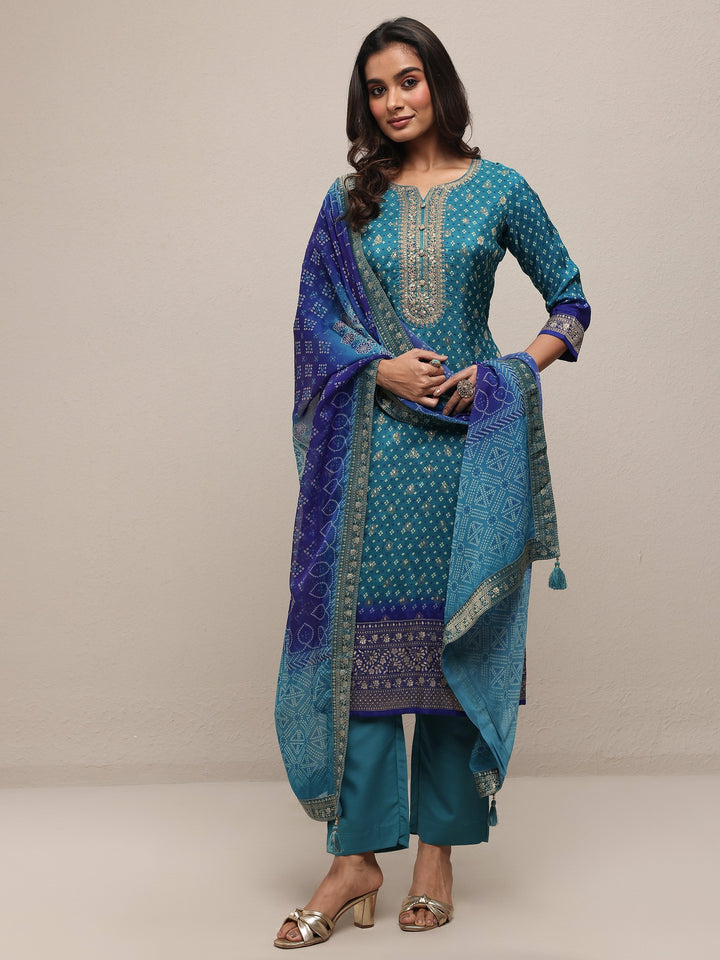 Blue Bandhani Printed Silk Blend Straight Suit Set With Dupatta