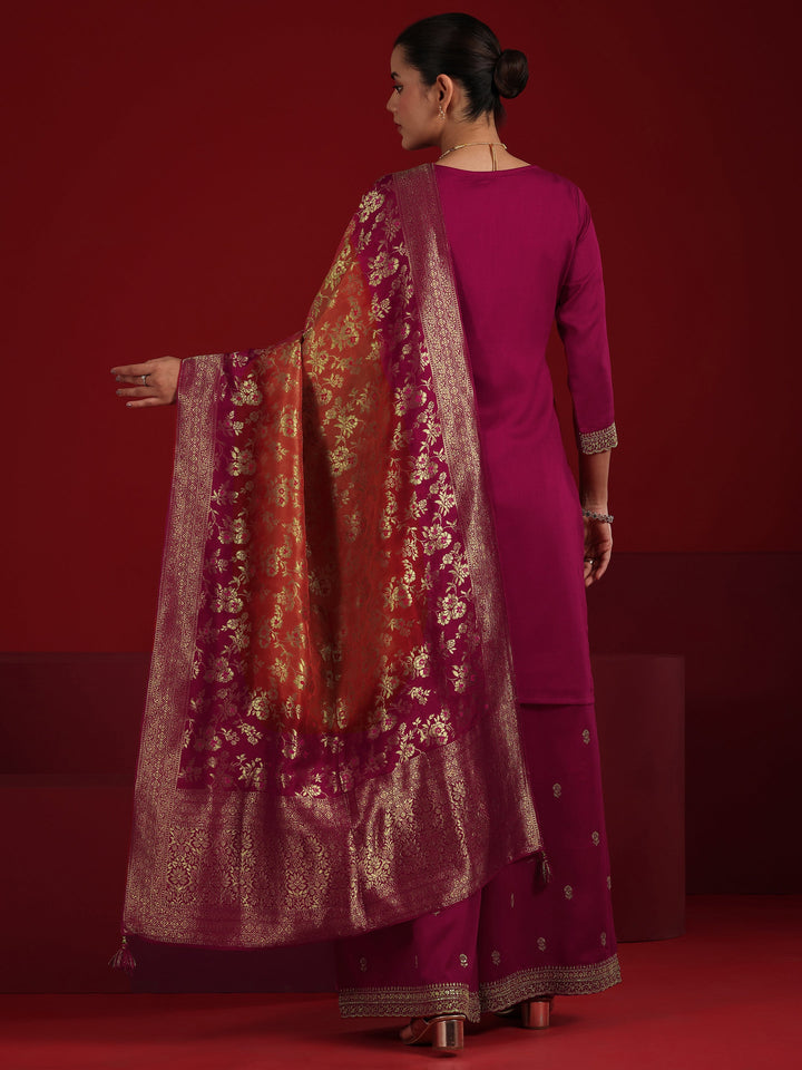 Pink Embroidered Silk Blend Straight Suit Set With Dupatta