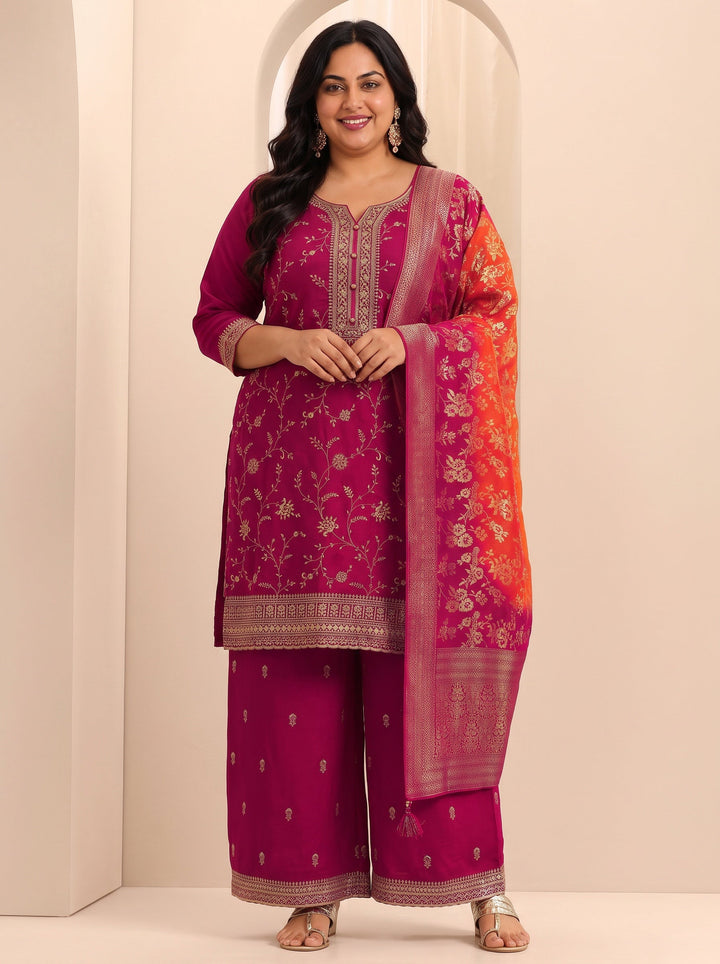 Plus Size Pink Embroidered Silk Blend Straight Suit Set With Dupatta