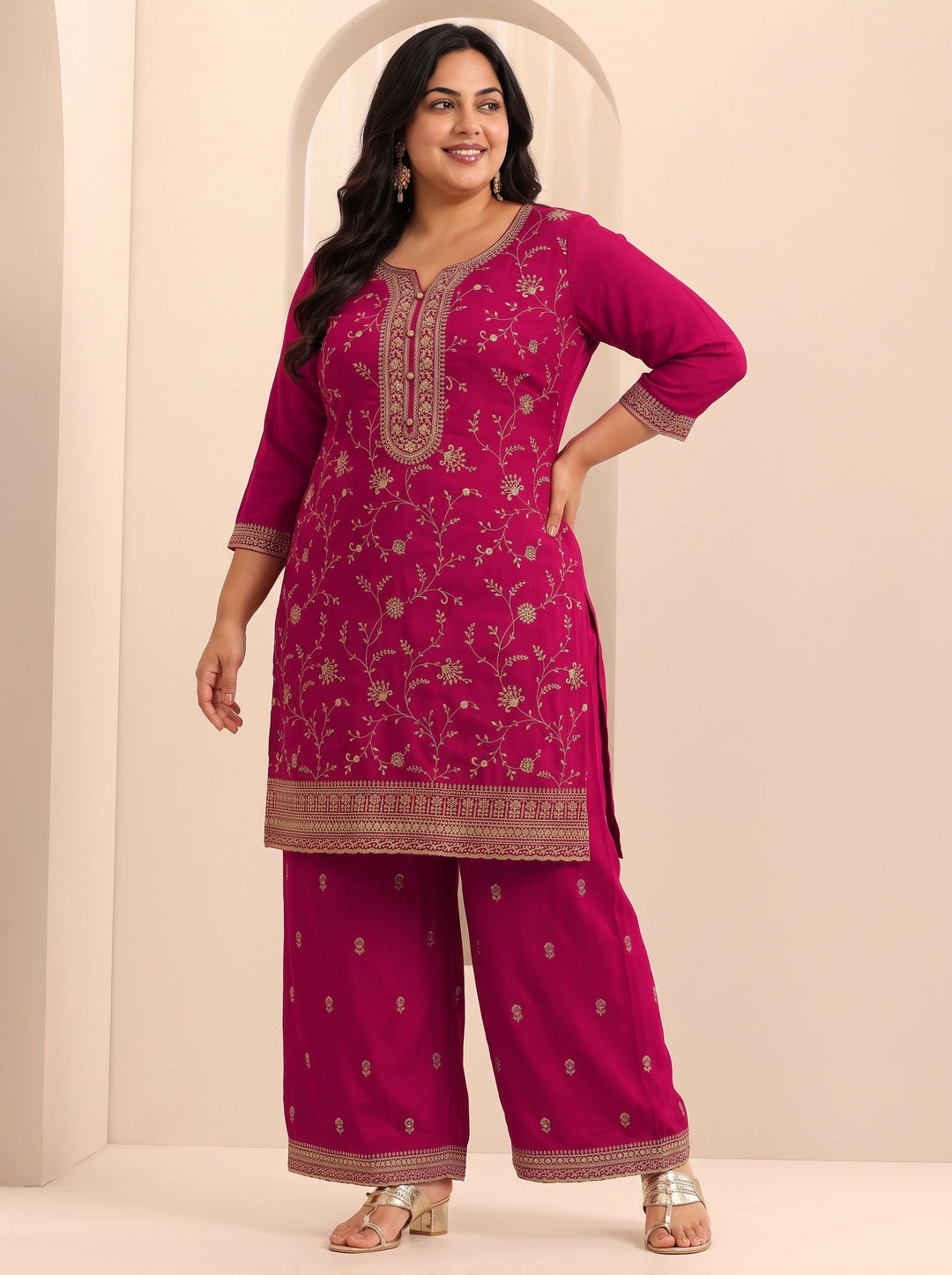 Plus Size Pink Embroidered Silk Blend Straight Suit Set With Dupatta