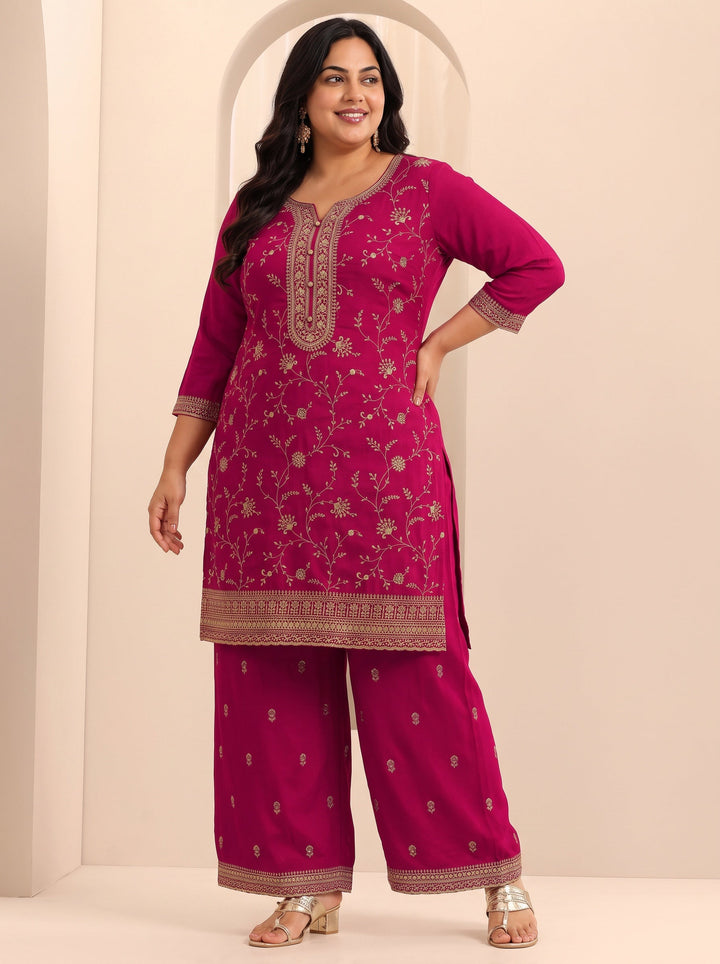 Plus Size Pink Embroidered Silk Blend Straight Suit Set With Dupatta