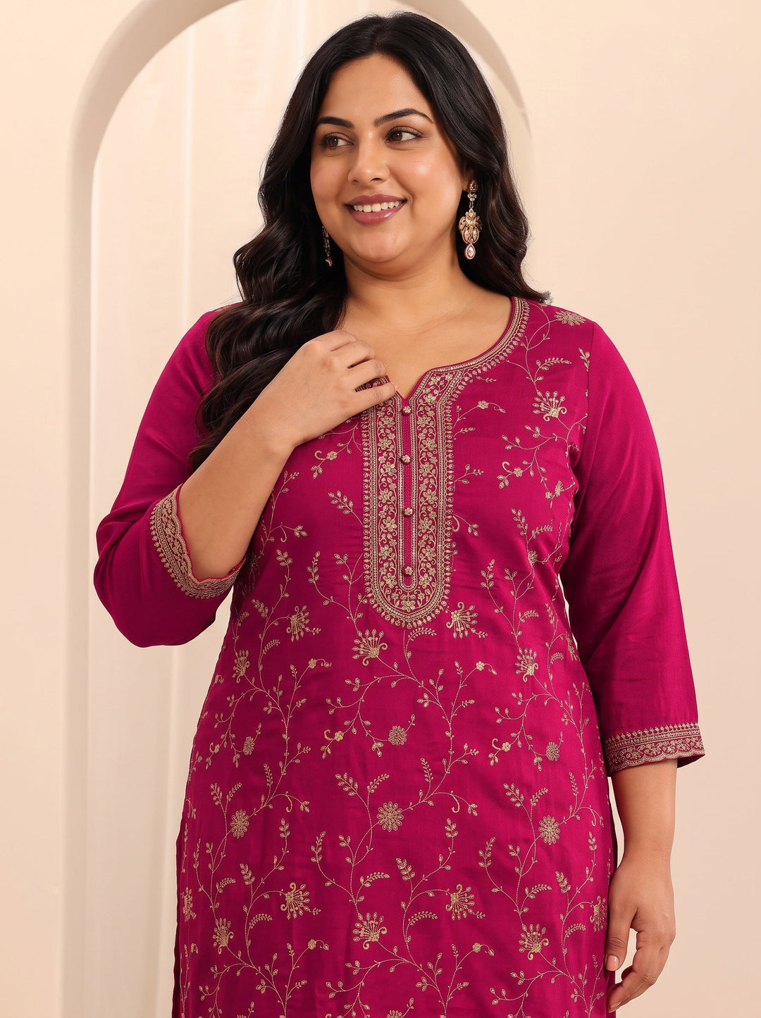 Plus Size Pink Embroidered Silk Blend Straight Suit Set With Dupatta