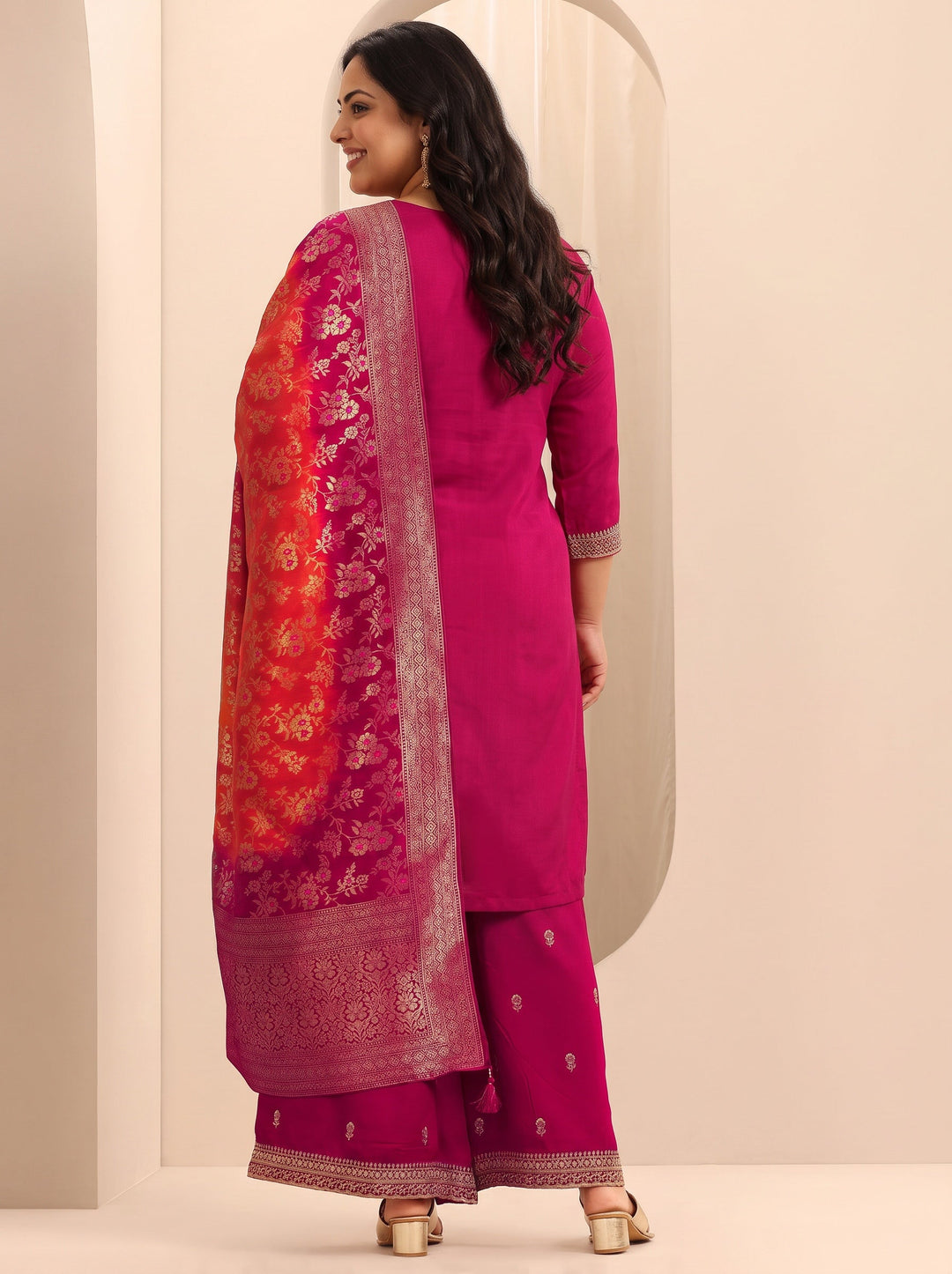 Plus Size Pink Embroidered Silk Blend Straight Suit Set With Dupatta