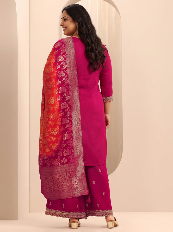 Plus Size Pink Embroidered Silk Blend Straight Suit Set With Dupatta