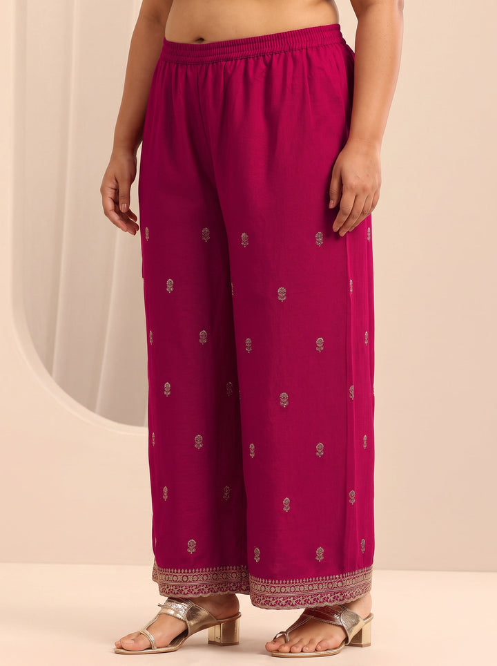 Plus Size Pink Embroidered Silk Blend Straight Suit Set With Dupatta