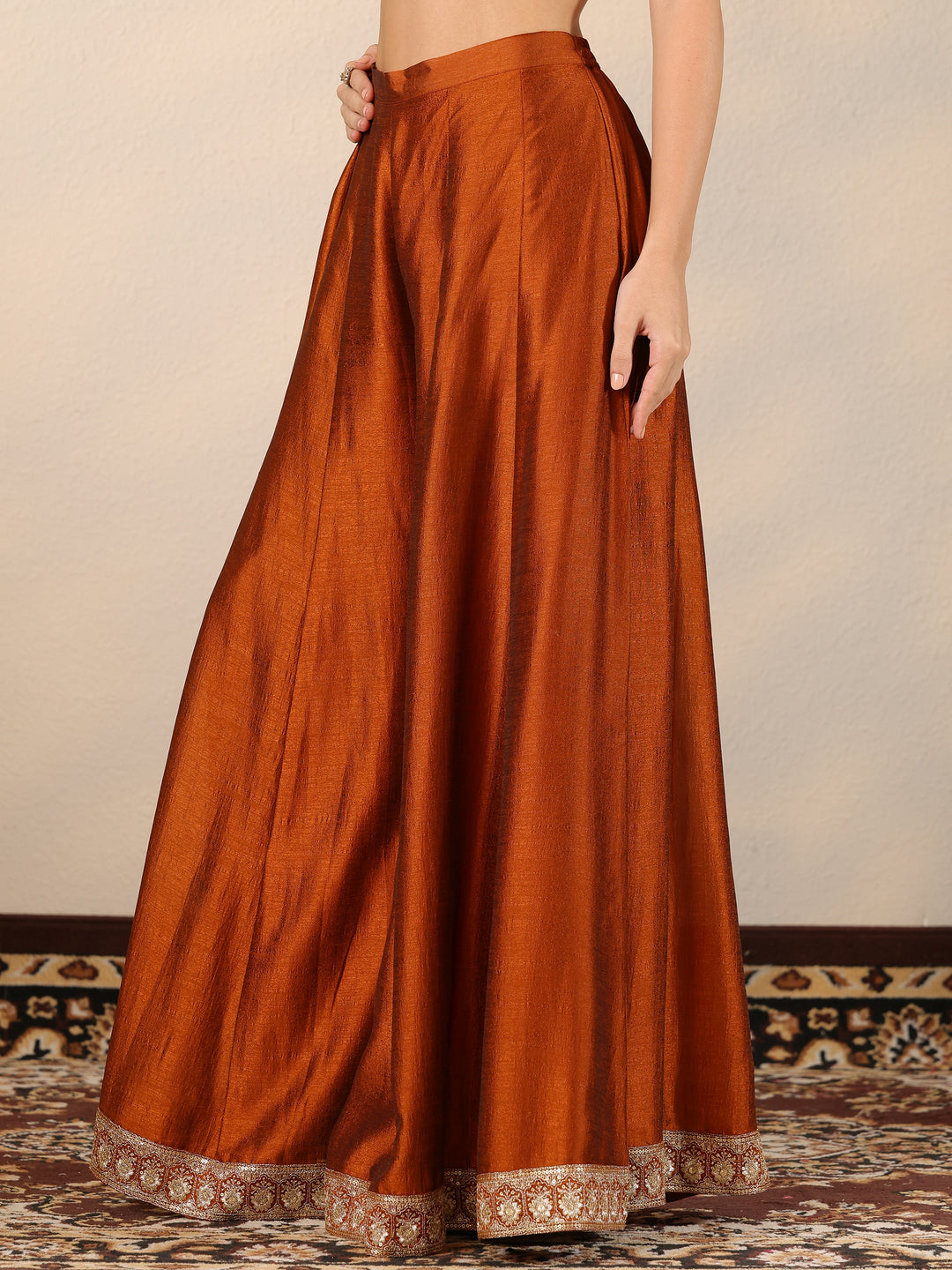 Libas Art Brown Embroidered Silk Blend Straight Suit Set With Dupatta