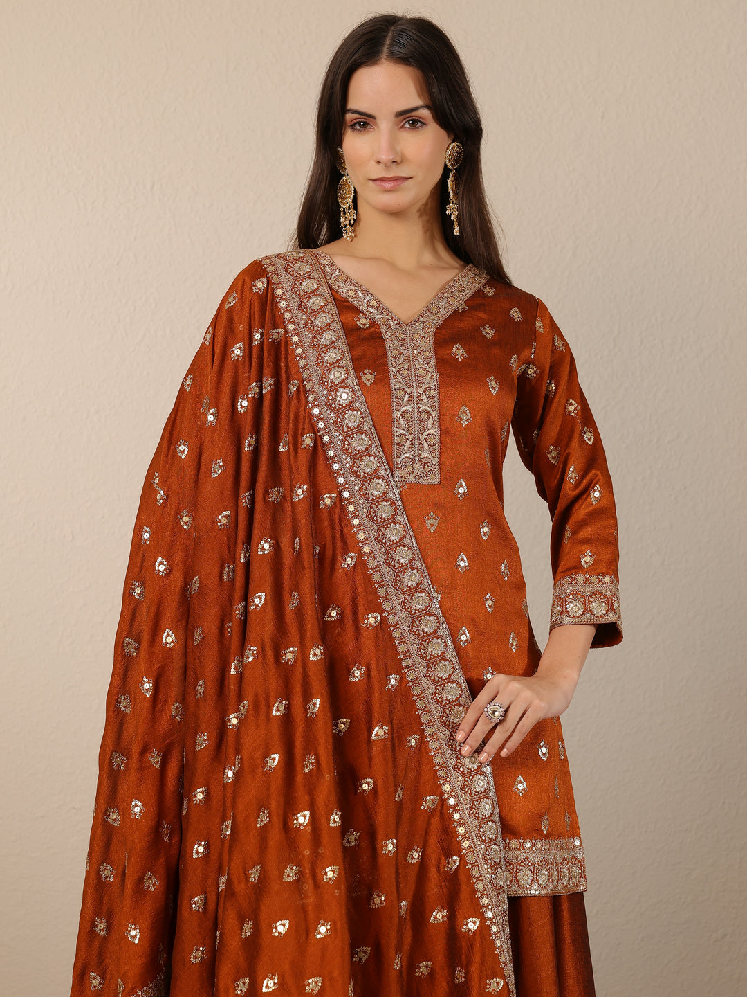 Libas Art Brown Embroidered Silk Blend Straight Suit Set With Dupatta