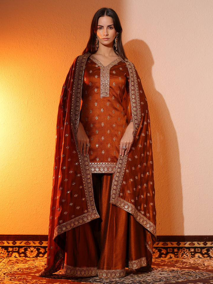 Libas Art Brown Embroidered Silk Blend Straight Suit Set With Dupatta
