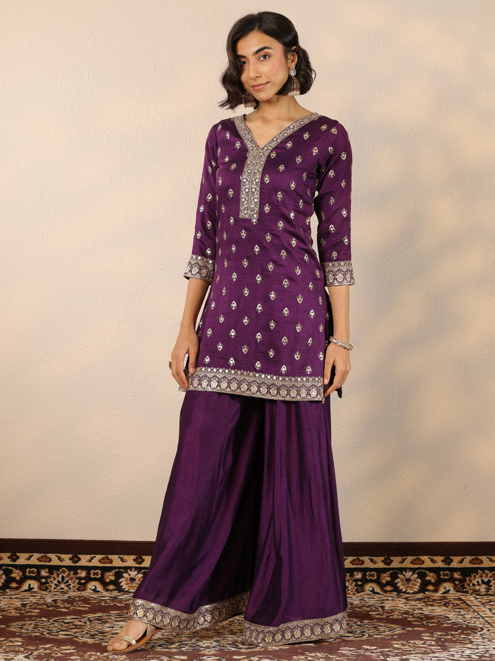 Libas Art Purple Embroidered Silk Blend Straight Suit Set With Dupatta