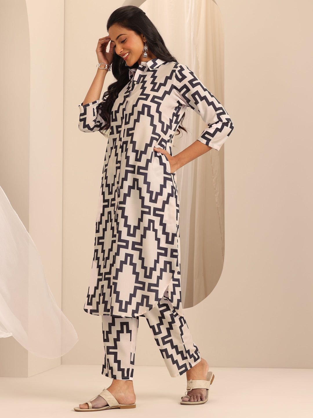 White Printed Viscose Rayon Co-Ord Set