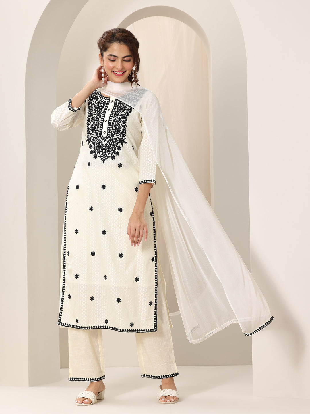 Off White Embroidered Cotton Straight Suit Set With Dupatta