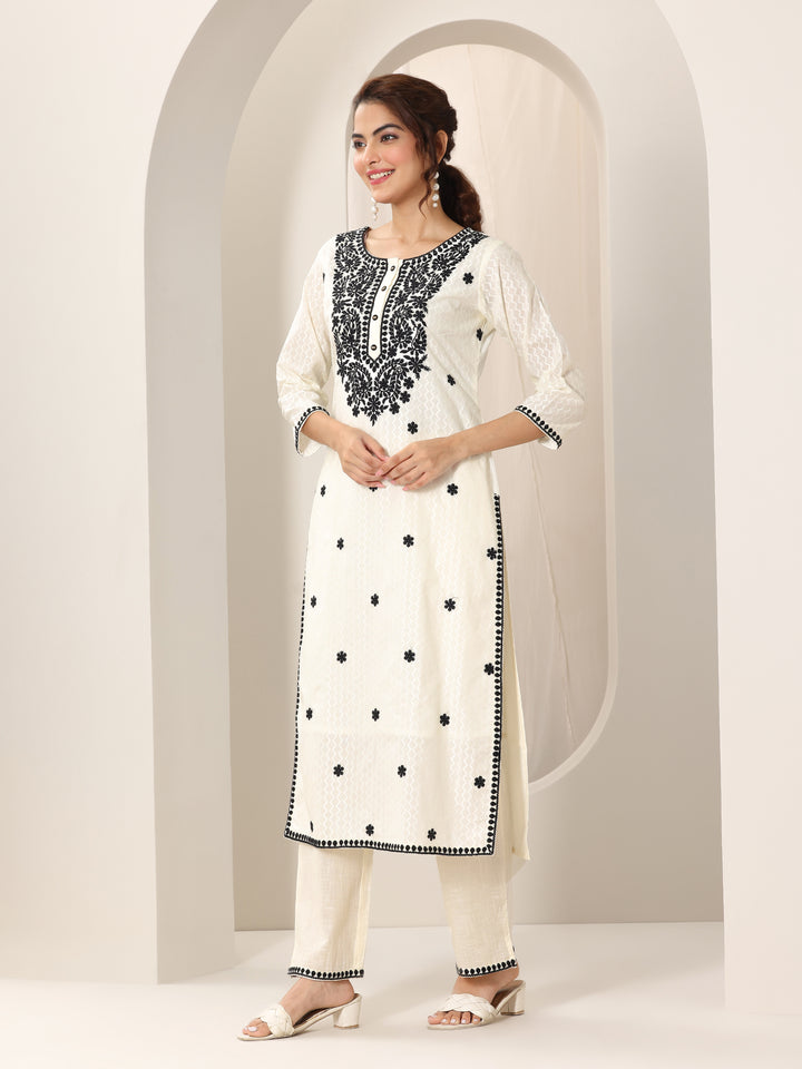 Off White Embroidered Cotton Straight Suit Set With Dupatta