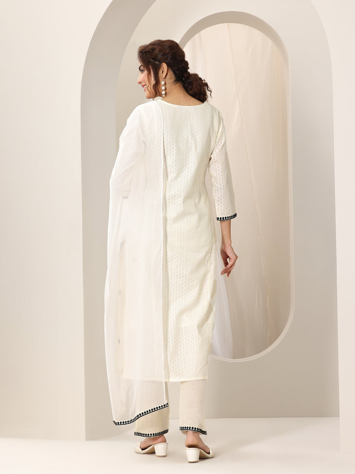 Off White Embroidered Cotton Straight Suit Set With Dupatta