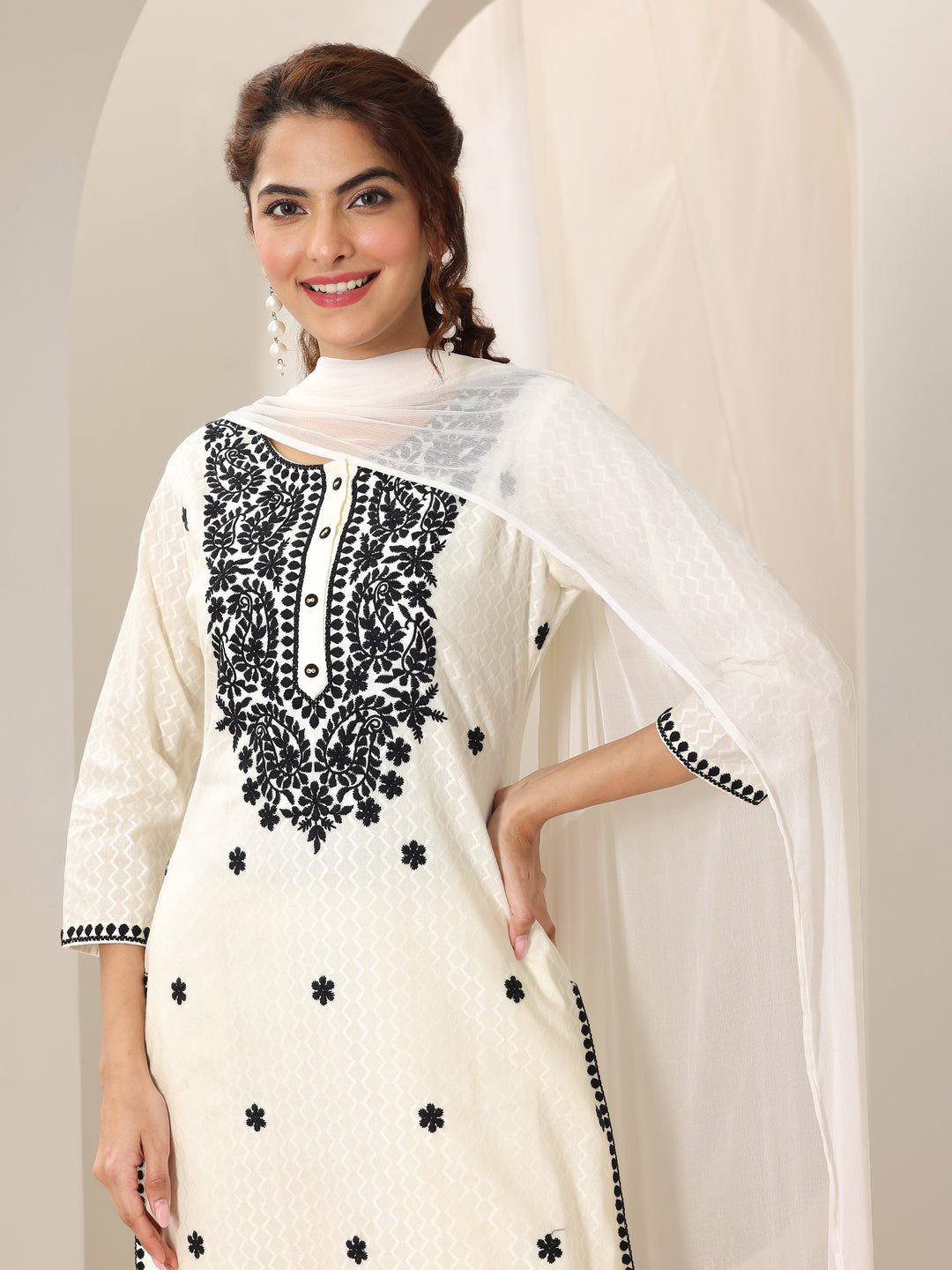 Off White Embroidered Cotton Straight Suit Set With Dupatta