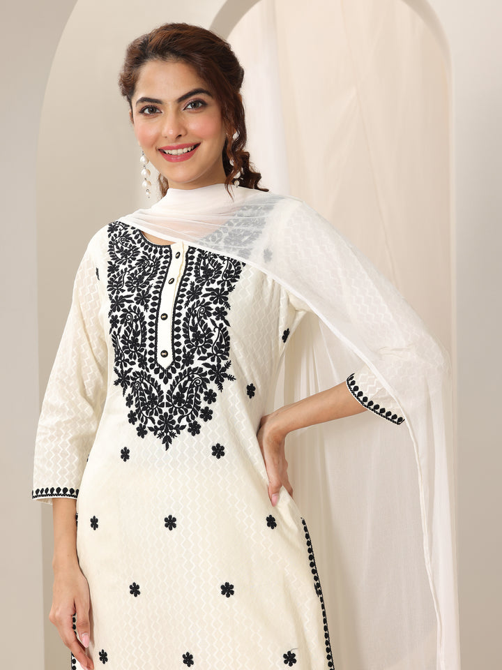 Off White Embroidered Cotton Straight Suit Set With Dupatta
