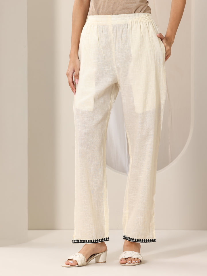 Off White Embroidered Cotton Straight Suit Set With Dupatta