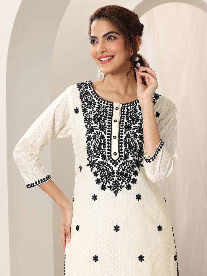 Off White Embroidered Cotton Straight Suit Set With Dupatta