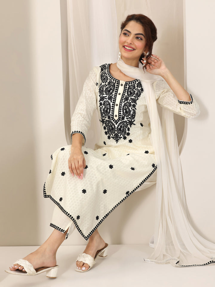 Off White Embroidered Cotton Straight Suit Set With Dupatta