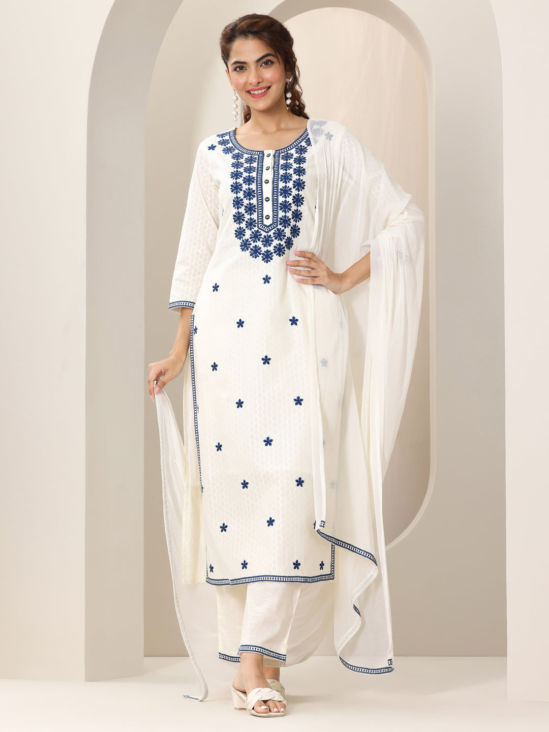 Off White Embroidered Cotton Straight Suit Set With Dupatta