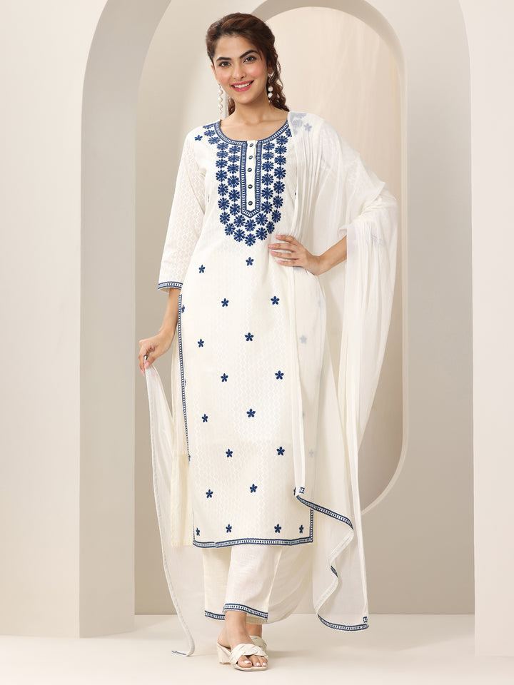 Off White Embroidered Cotton Straight Suit Set With Dupatta