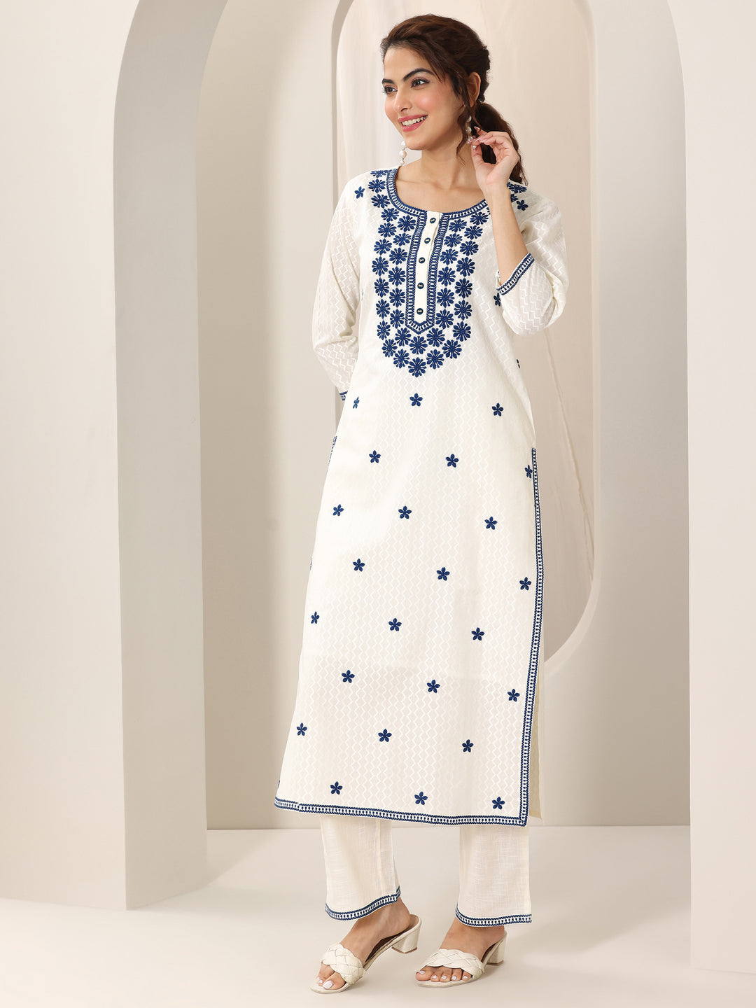 Off White Embroidered Cotton Straight Suit Set With Dupatta