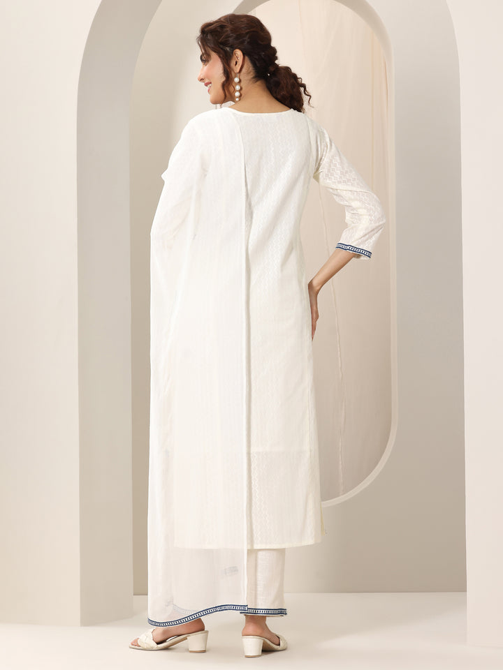 Off White Embroidered Cotton Straight Suit Set With Dupatta