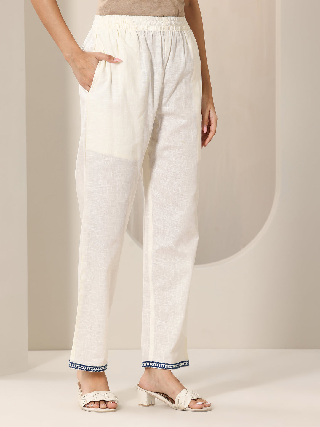 Off White Embroidered Cotton Straight Suit Set With Dupatta