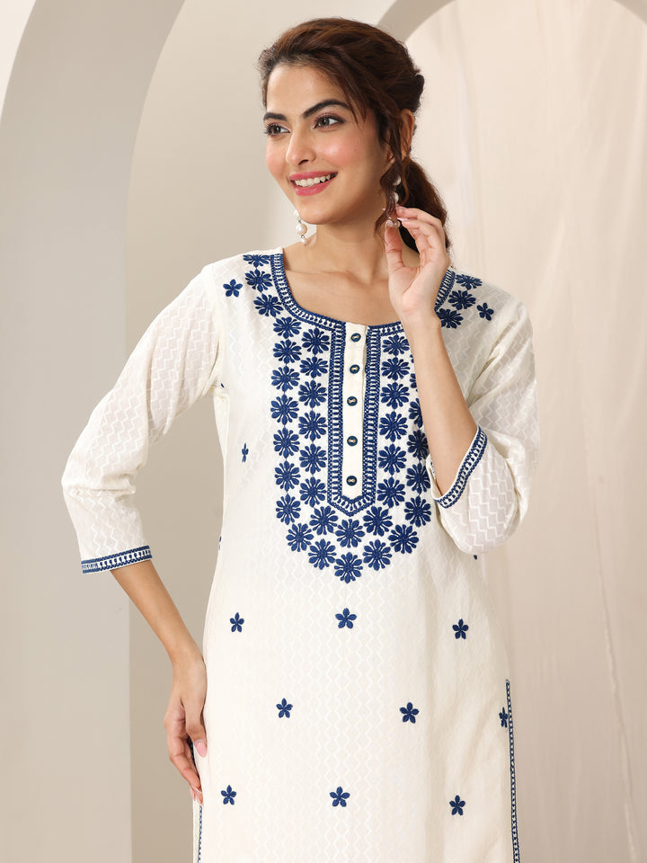 Off White Embroidered Cotton Straight Suit Set With Dupatta