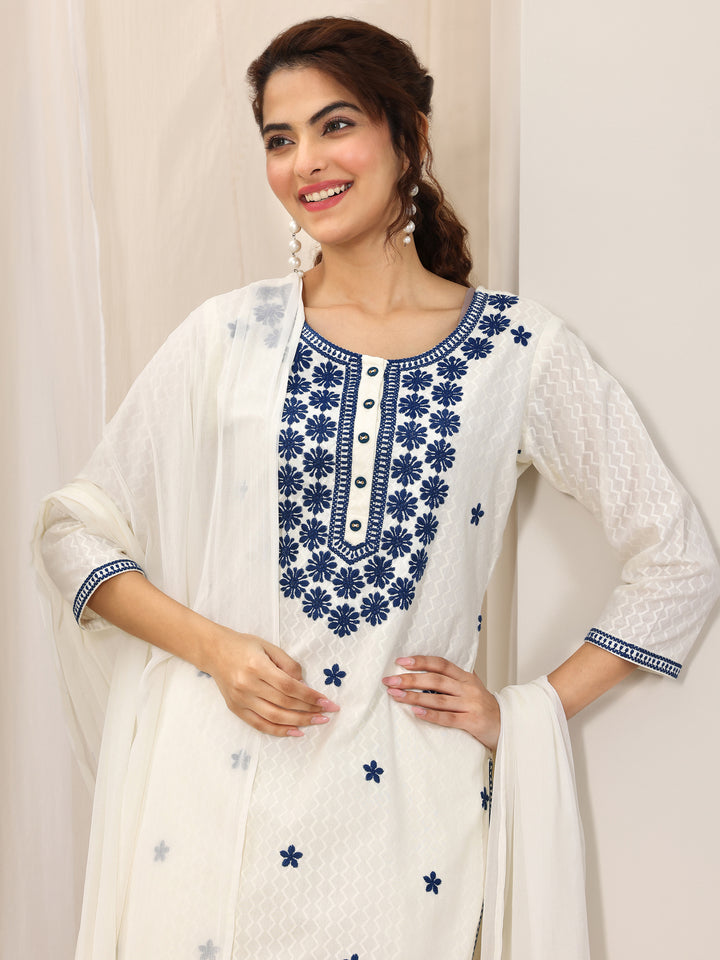 Off White Embroidered Cotton Straight Suit Set With Dupatta