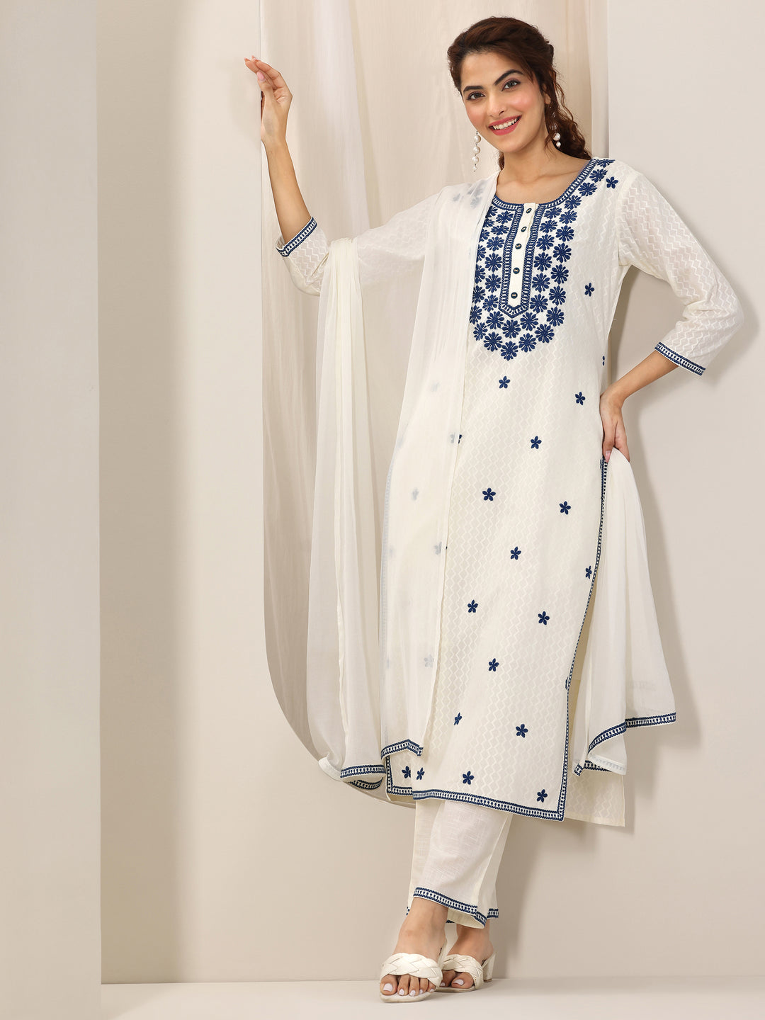 Off White Embroidered Cotton Straight Suit Set With Dupatta