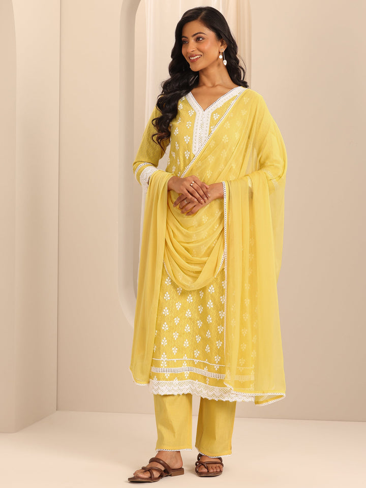 Yellow Embroidered Cotton Straight Suit Set With Dupatta