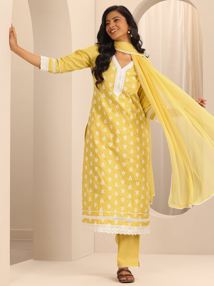 Yellow Embroidered Cotton Straight Suit Set With Dupatta