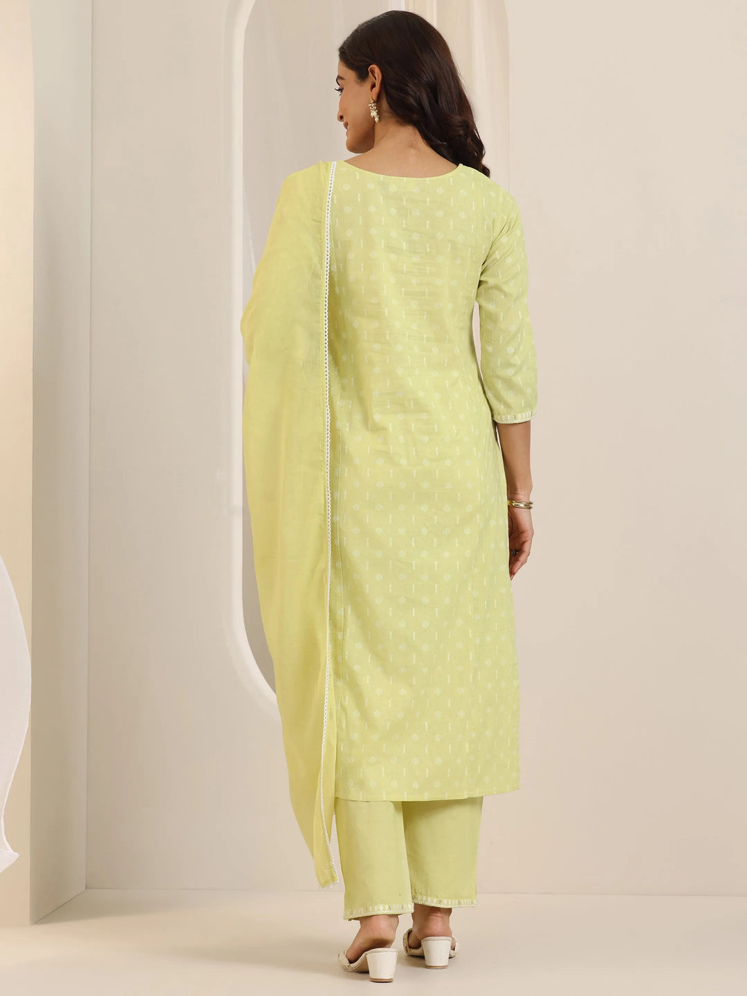 Lime Green Embroidered Cotton Straight Suit Set With Dupatta
