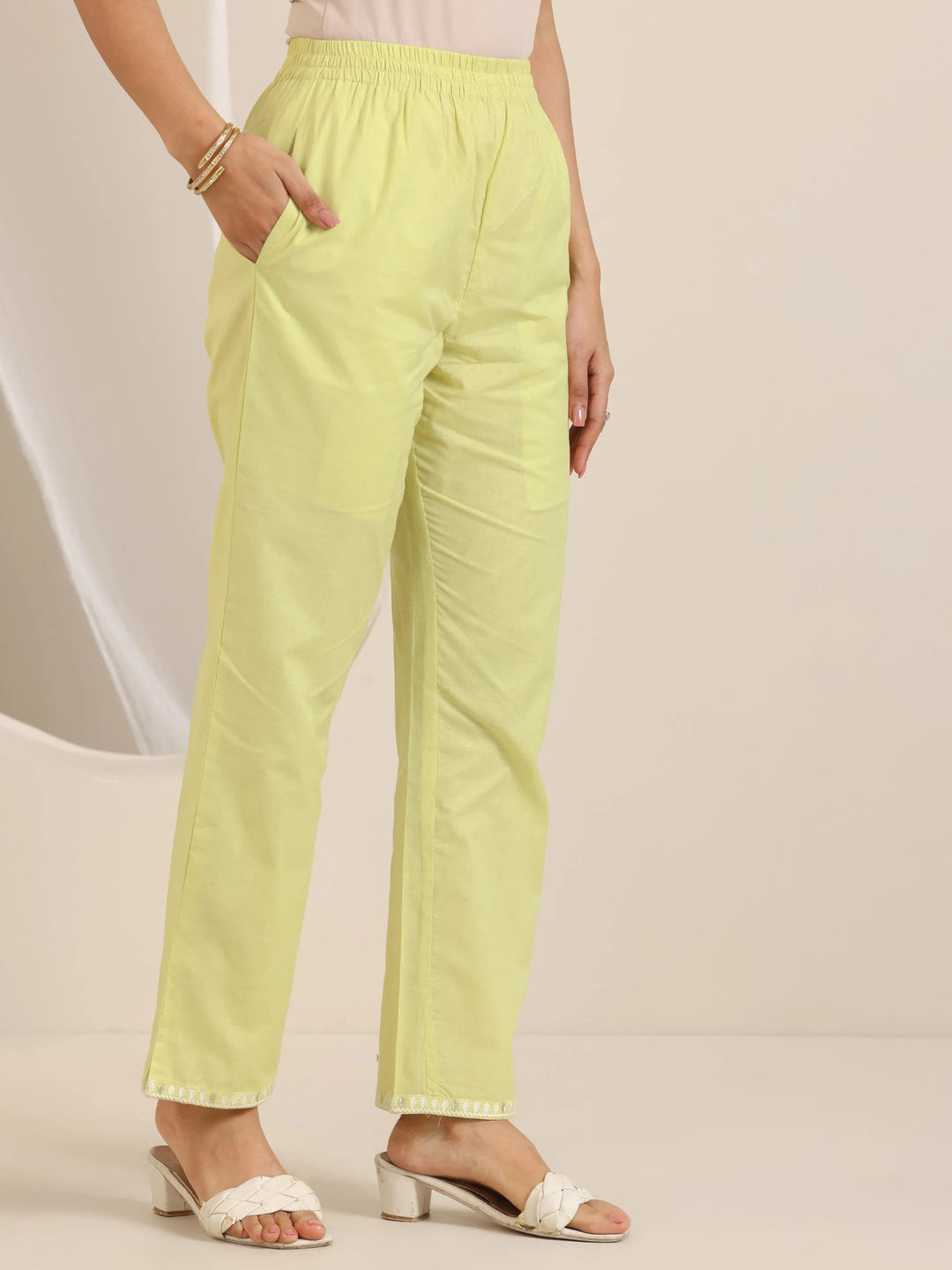 Lime Green Embroidered Cotton Straight Suit Set With Dupatta