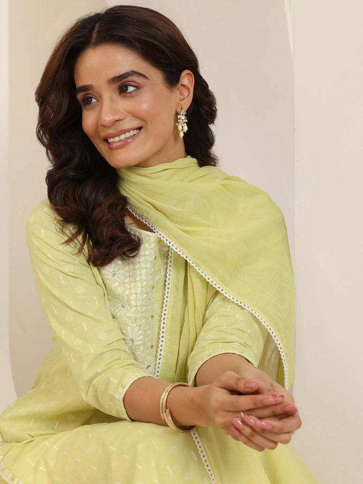 Lime Green Embroidered Cotton Straight Suit Set With Dupatta