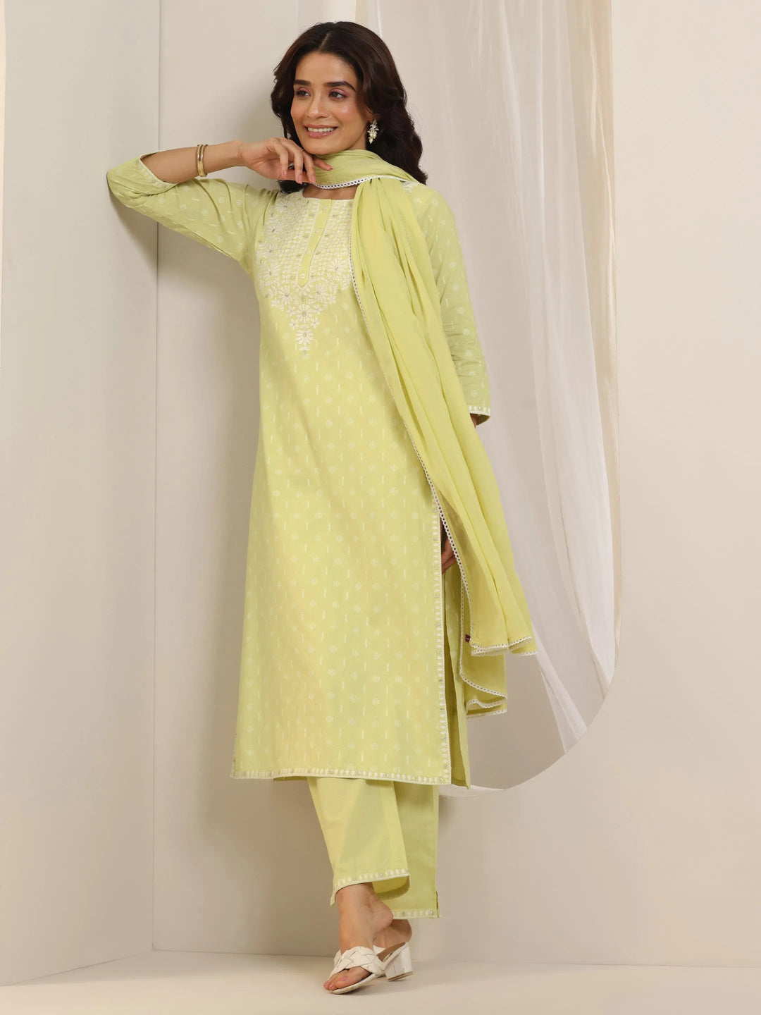 Lime Green Embroidered Cotton Straight Suit Set With Dupatta